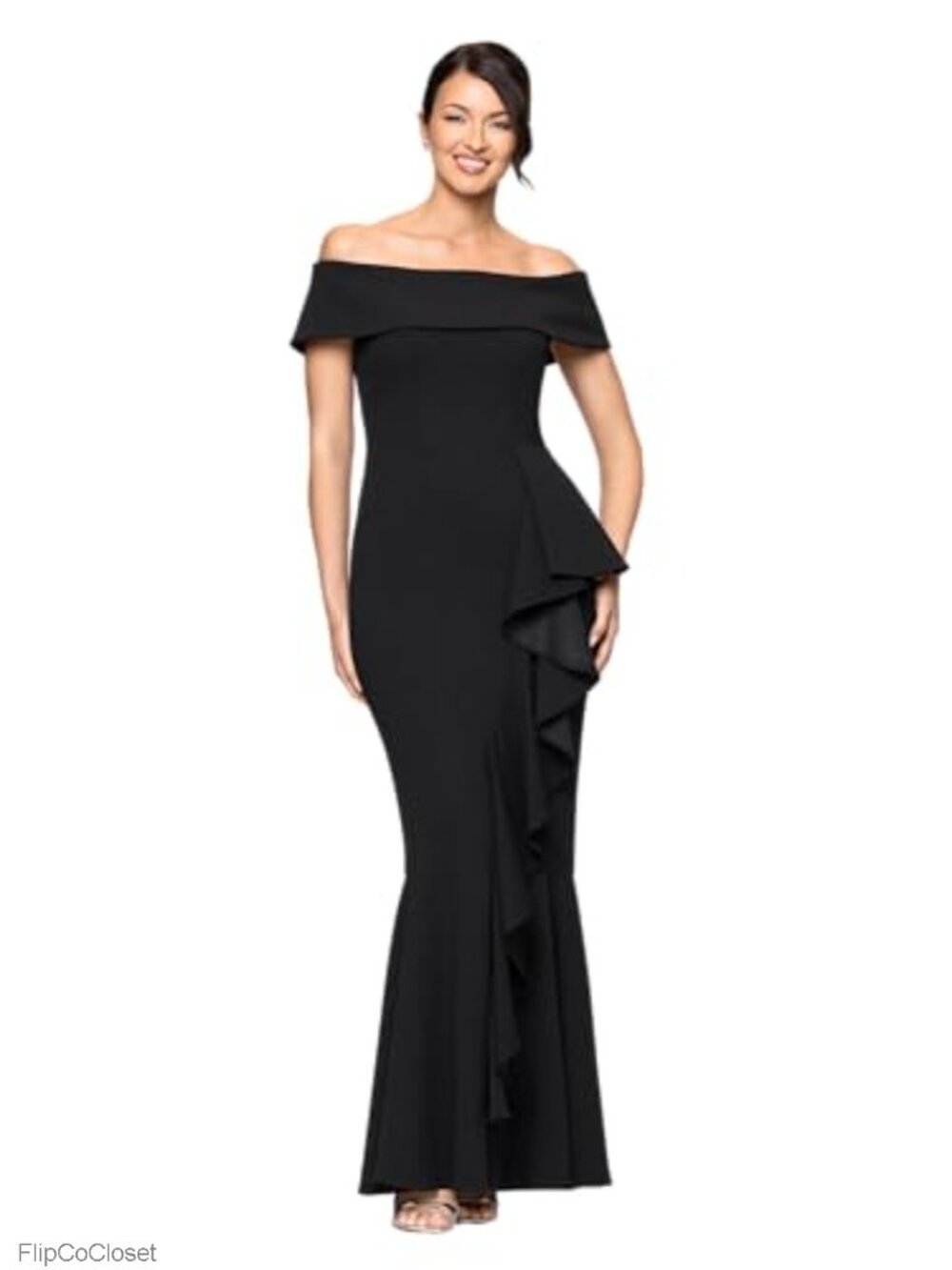 Off Shoulder Ruffle Scuba Crepe Mermaid Formal Gown with Built-in Bra Cups